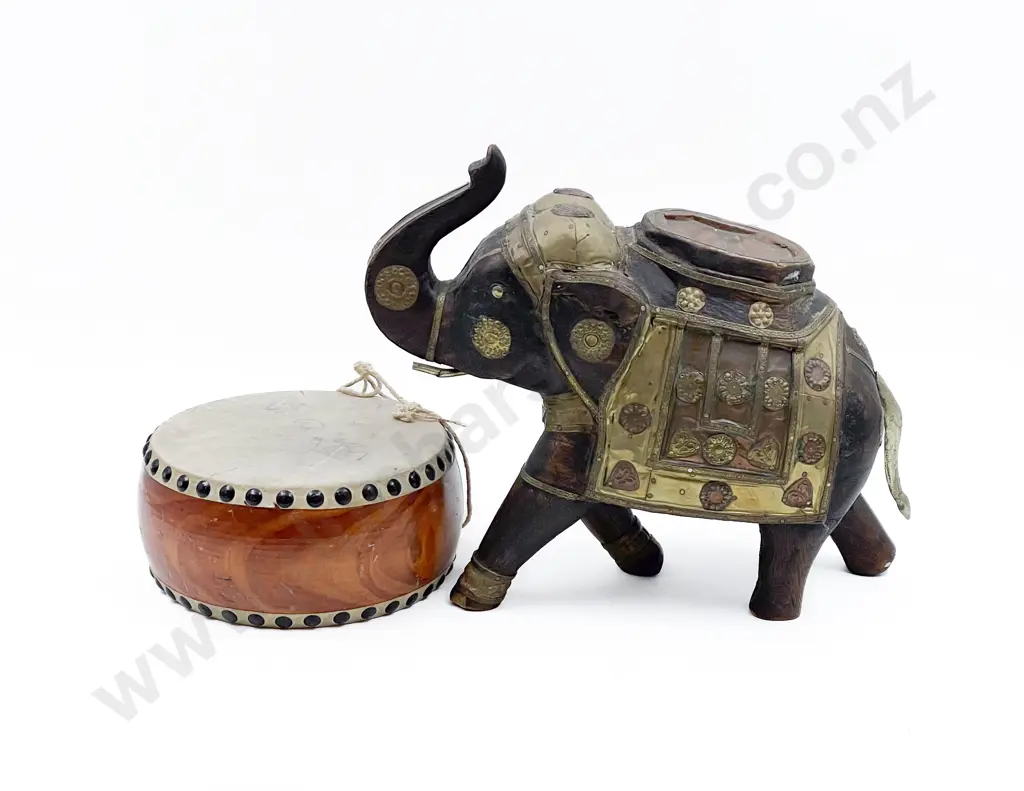 Indian Wood & Metal Elephant Ornament & Drum Image 1++