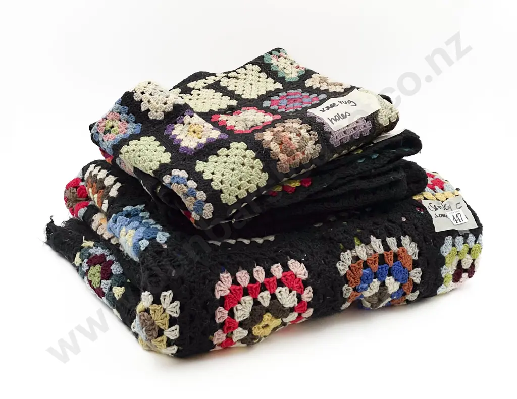 Three Vintage Crochet Peggy Square Knee Rugs (all af) Image 1++
