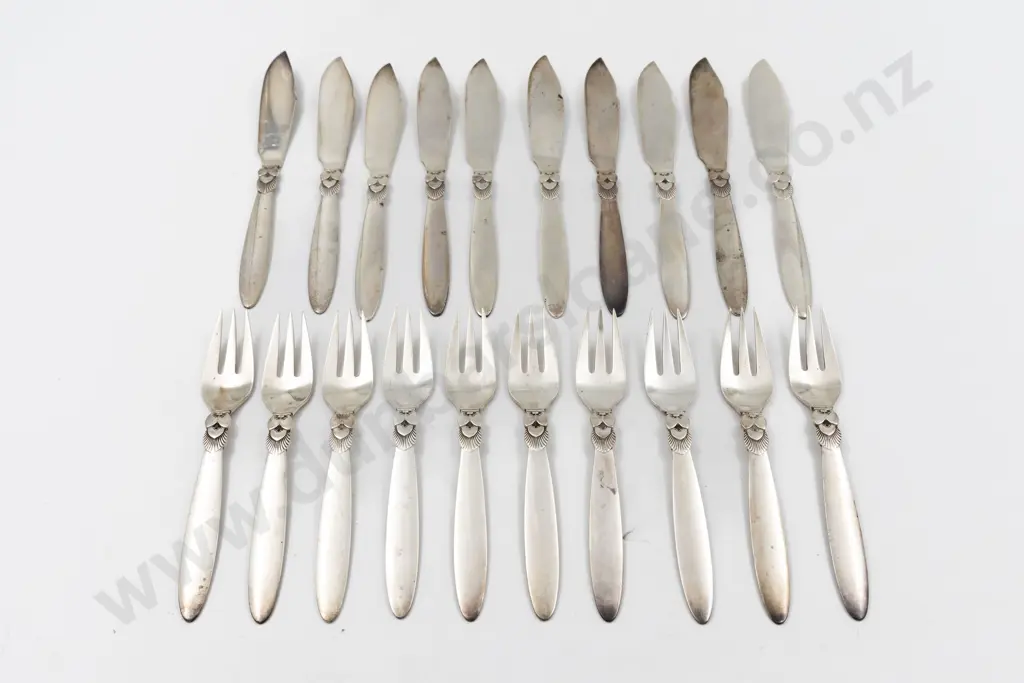 Attractive Set Of 10 George Jensen S/S Cactus Pattern Fish Knives & 10 Forks Image 1++