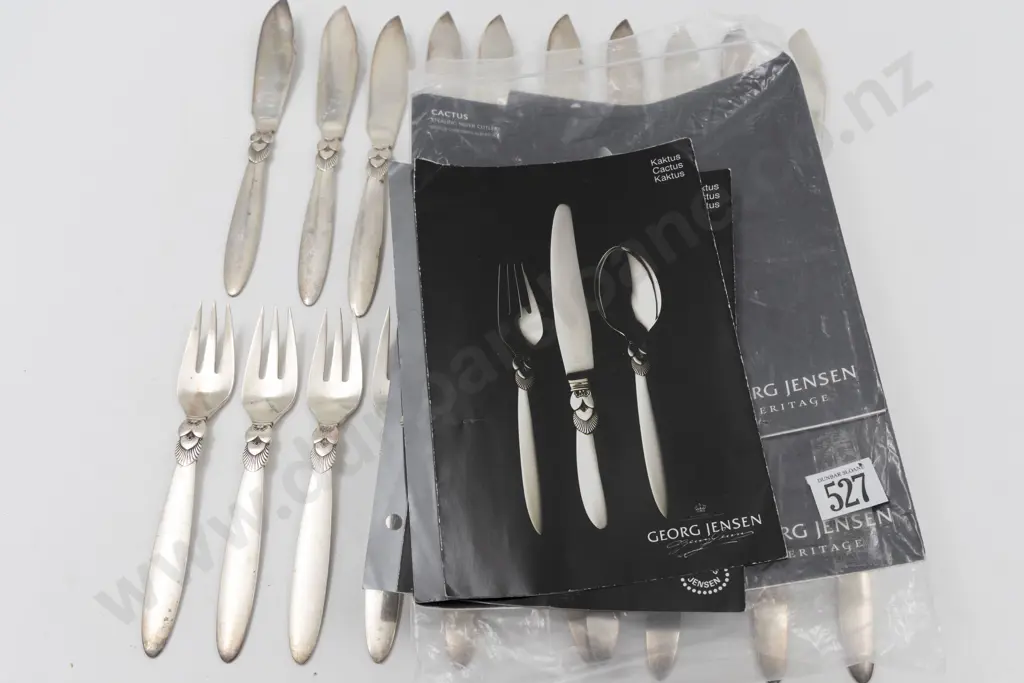 Attractive Set Of 10 George Jensen S/S Cactus Pattern Fish Knives & 10 Forks Image 1++