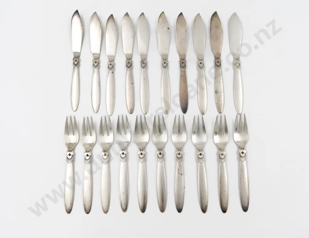 Attractive Set Of 10 George Jensen S/S Cactus Pattern Fish Knives & 10 Forks Image 1++