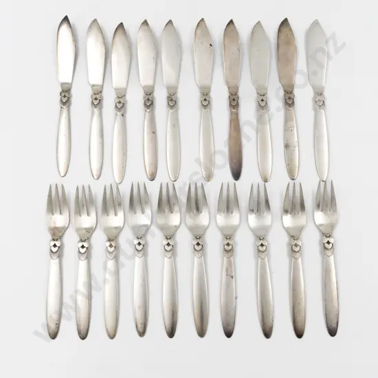 Attractive Set Of 10 George Jensen S/S Cactus Pattern Fish Knives & 10 Forks