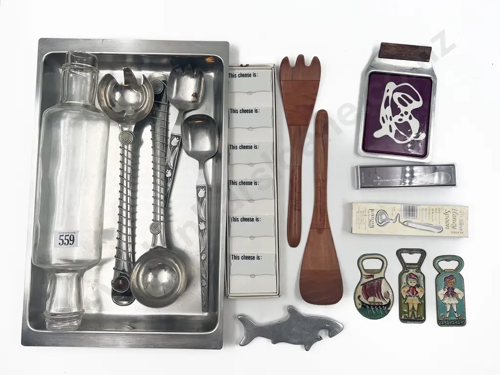 Mid C20th Kitchen Serving Implements Glass Rolling Pin & Cheese Labels Image 1++