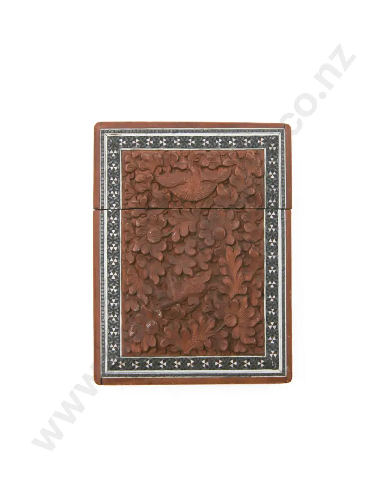 C19th Anglo Indian Carved Sandalwood Micro-Mosaic Calling Card Case Image 1++