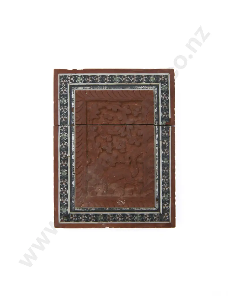 C19th Anglo Indian Carved Sandalwood Micro-Mosaic Calling Card Case Image 1++