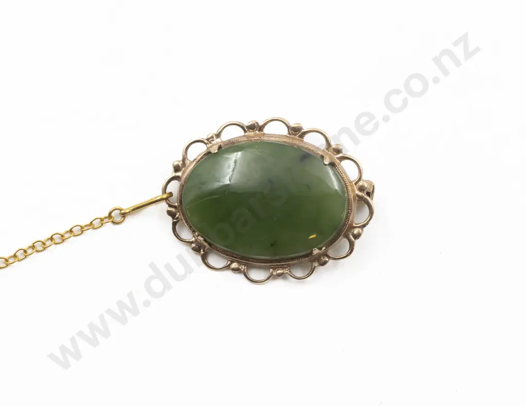 9ct Framed Oval Greenstone Panel Brooch Image 1++