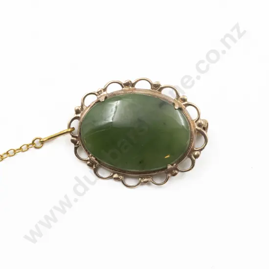 9ct Framed Oval Greenstone Panel Brooch