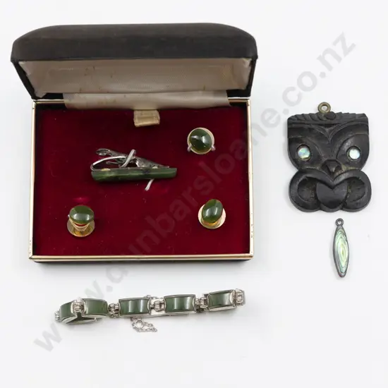 Original Boxed Gilt Metal and Greenstone Tie Clip and Studs