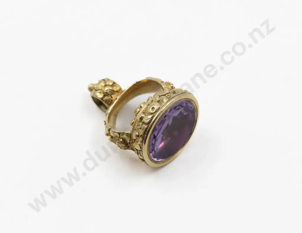 Victorian 15ct Ornate Floral Chased Amethyst Seal Fob Image 1++