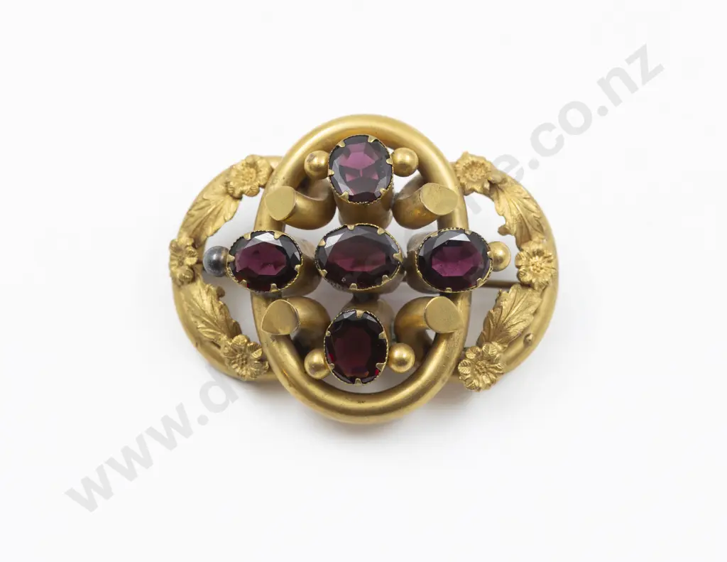 Large Victorian Gold Plated Amethyst Paste Scroll Brooch Image 1++