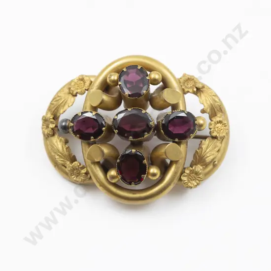 Large Victorian Gold Plated Amethyst Paste Scroll Brooch