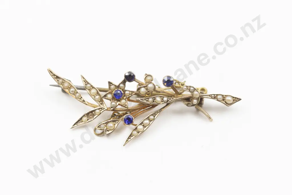 Edwardian 9ct Sapphire and Half Pearl Leaf Spray Brooch Image 1++