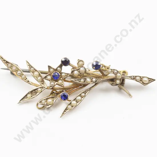 Edwardian 9ct Sapphire and Half Pearl Leaf Spray Brooch
