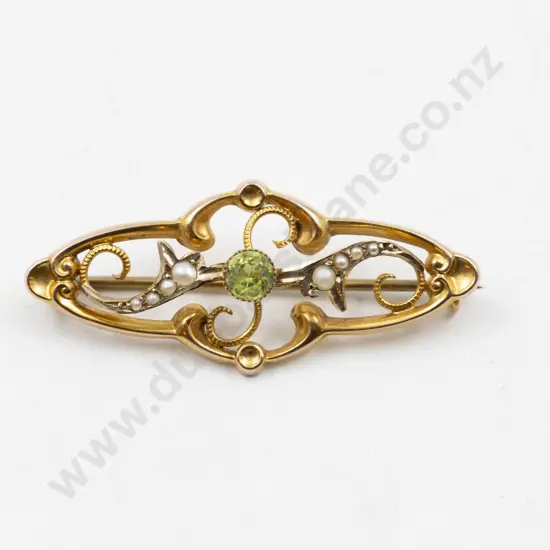Edwardian 9ct Peridot and Seed Pearl Scroll Brooch