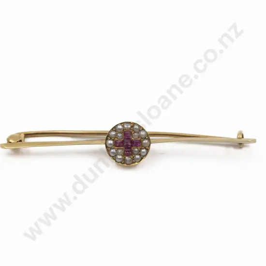 Edwardian 14ct Ruby and Seed Pearl Circular Cluster Pin Brooch