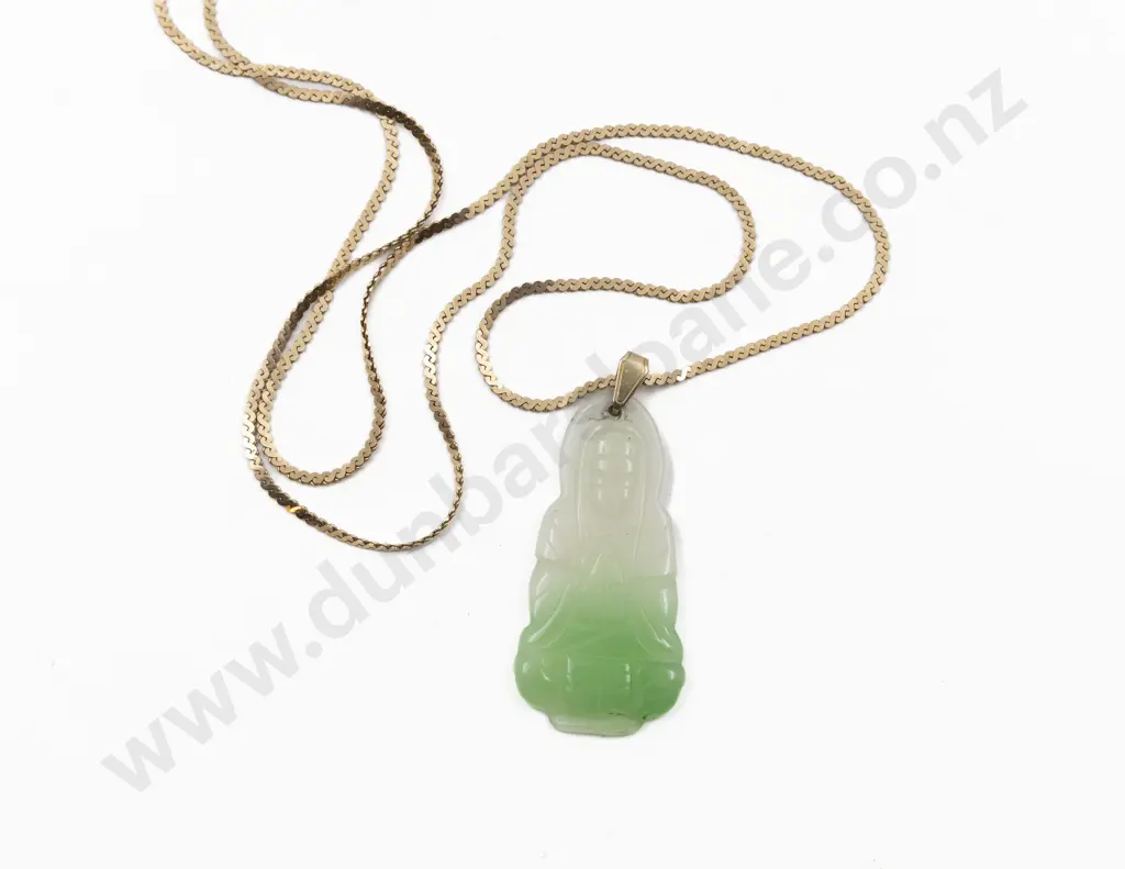 Italian 9ct Flat Curb Link Neck Chain with Jade Immortal Figure Pendant Image 1++