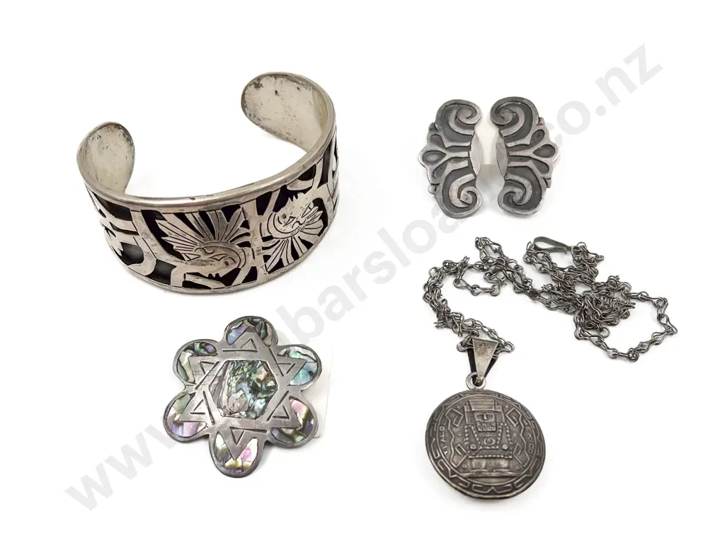 .925 Mexican Silver Bangle with Brooch Earrings and Pendant Image 1++