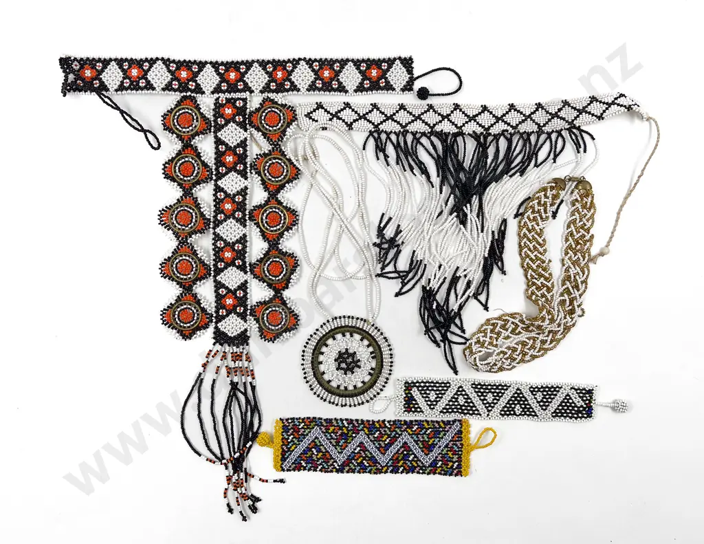 C1970's Seed Bead Woven Three Neck Choker Necklaces and Two Cuffs Image 1++