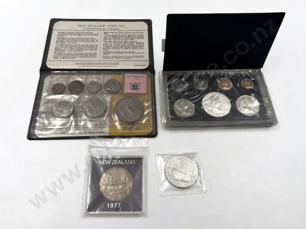 NZ 1977 Unc and Proof Coin Sets with unc $1 and Silver $1 Image 1++