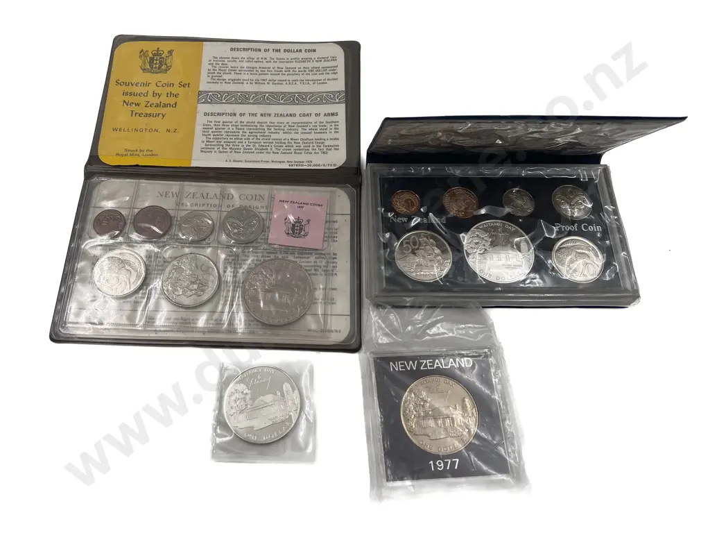NZ 1977 Unc and Proof Coin Sets with unc $1 and Silver $1 Image 1++
