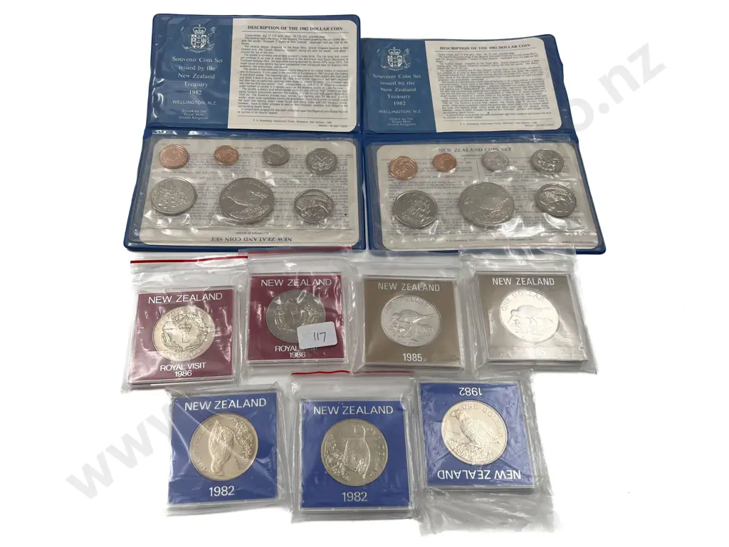 NZ 1982 Unc Coin Set x2 with unc $1 x3 and 1985 Black Stilt Unc $1 x2 1986 Royal Visit $1 x2 Image 1++