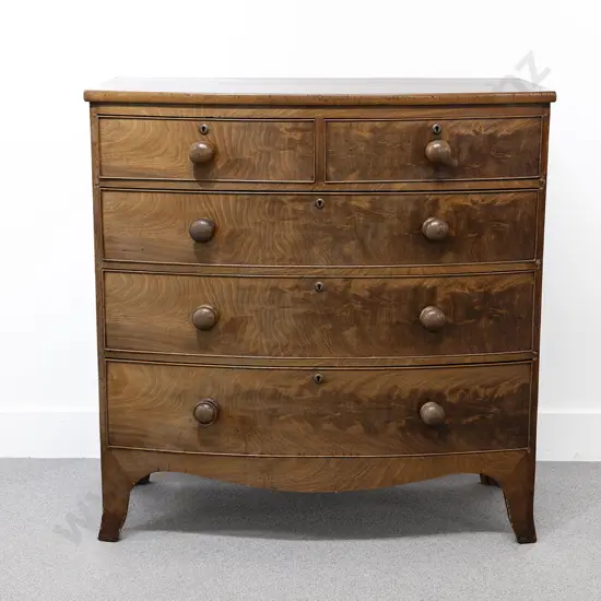 Wm IV Flame Mahogany Five Drawer Bow Front Chest