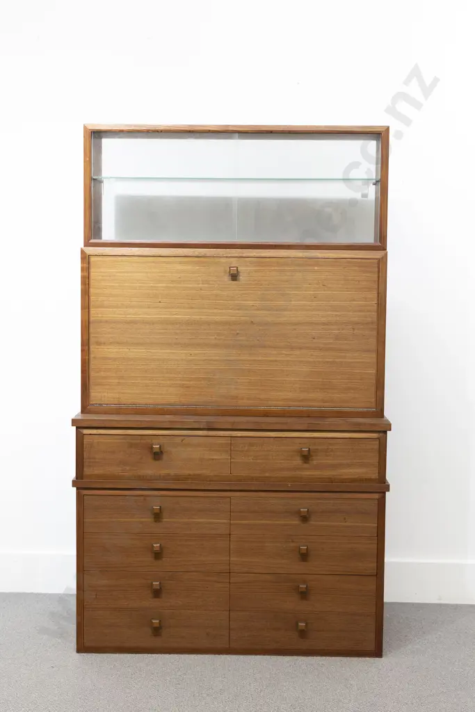 Mid C20th Faded Teak Three Section Work Unit Image 1++
