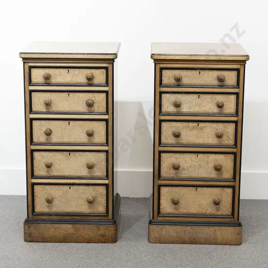 Pair Victorian Faded Walnut Five Drawer Cabinets