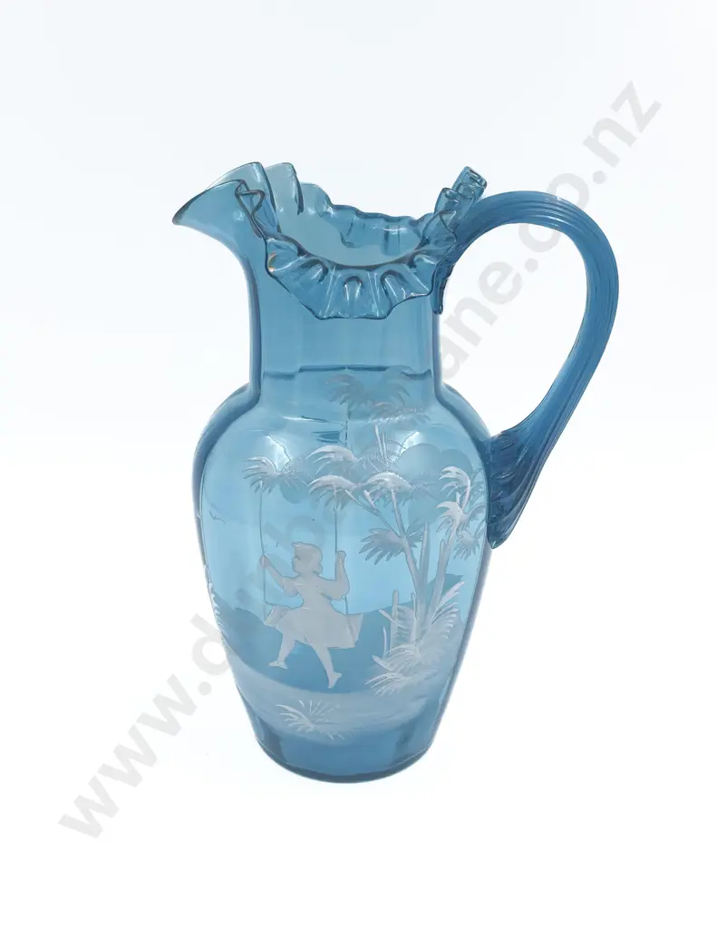 Mary Gregory Hand Painted Blue Glass Jug Image 1++