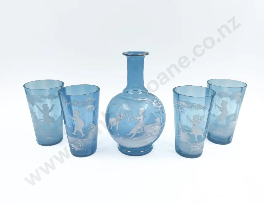 Mary Gregory Hand Painted Blue Glass Decanter and Four Cups Image 1++