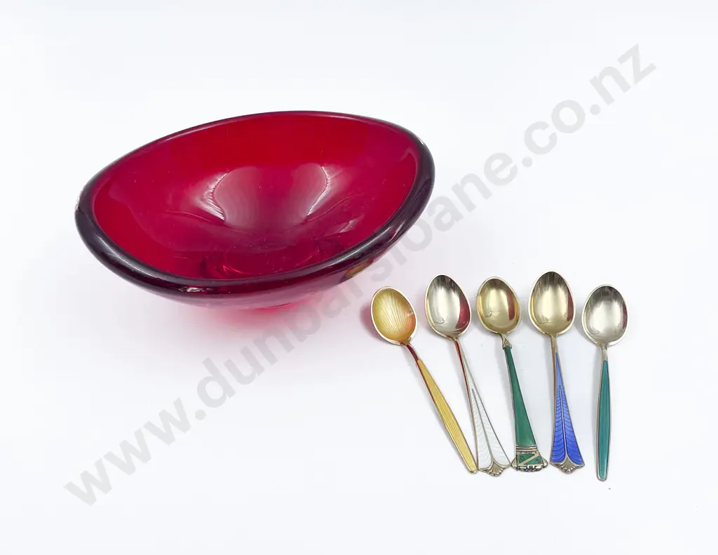 Four Danish Enamel /Silver Teaspoons on Ruby Glass Dish Image 1++