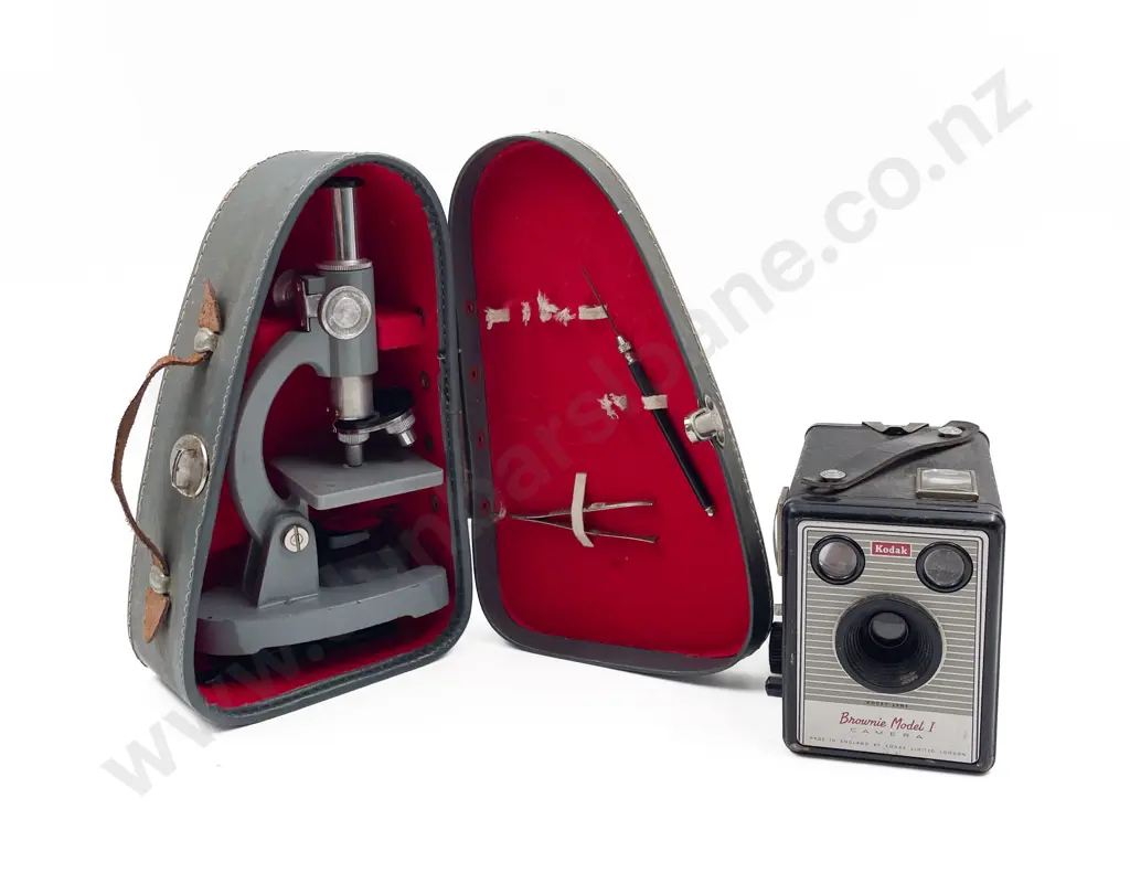 Vintage Cased Microscope together with Box Brownie Image 1++