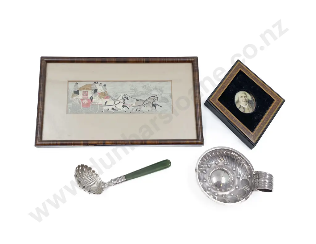 Wine Tasting Cup and Greenstone Handled Sifter Spoon with Victorian Miniature and Other Image 1++