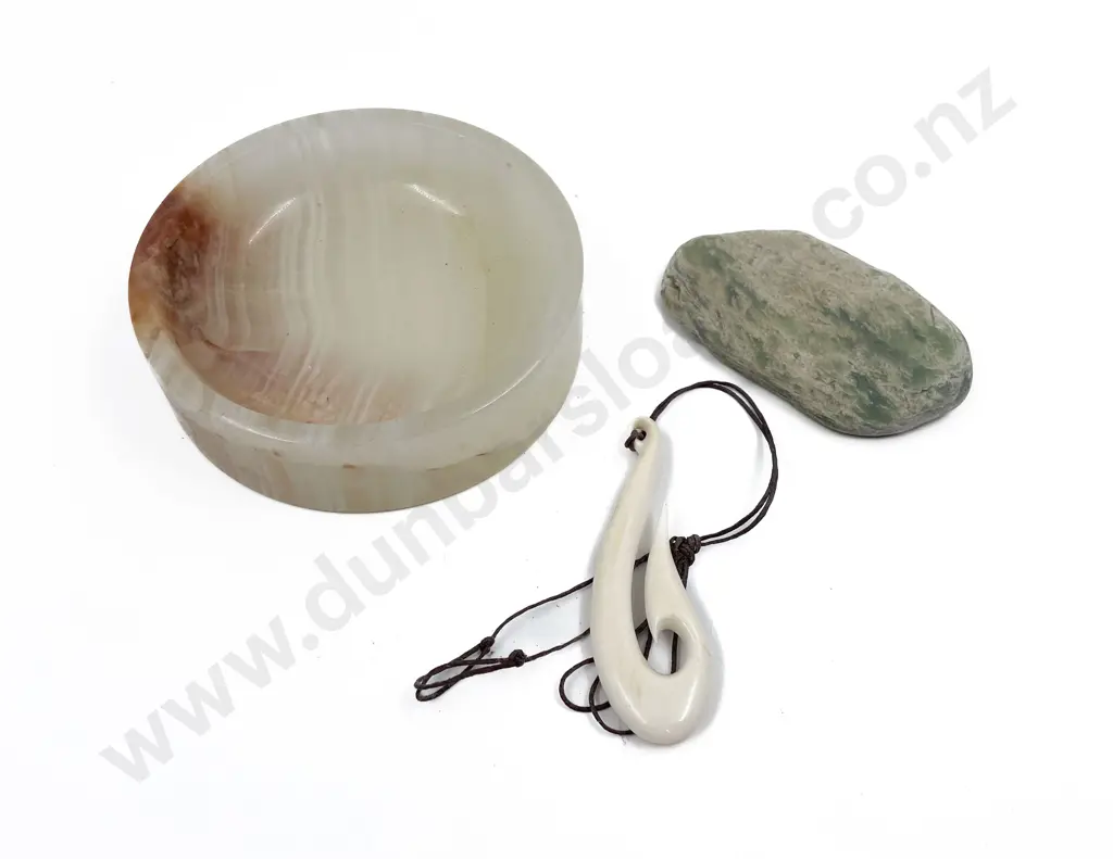 Bone Pendant together with Greenstone Piece and Onyx Dish Image 1++