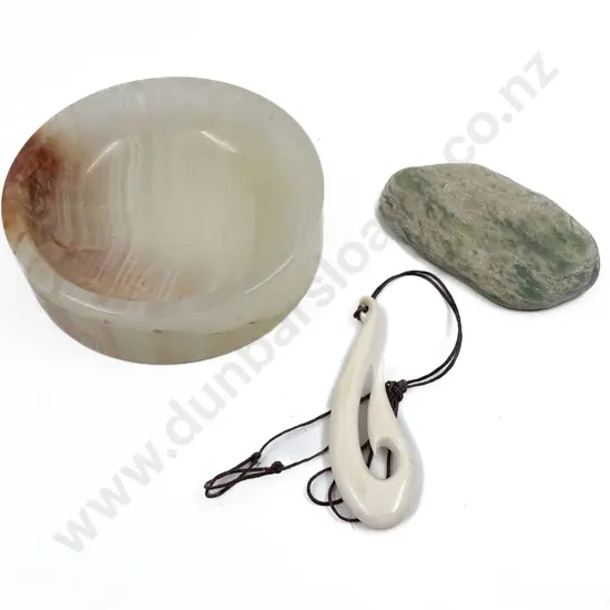 Bone Pendant together with Greenstone Piece and Onyx Dish