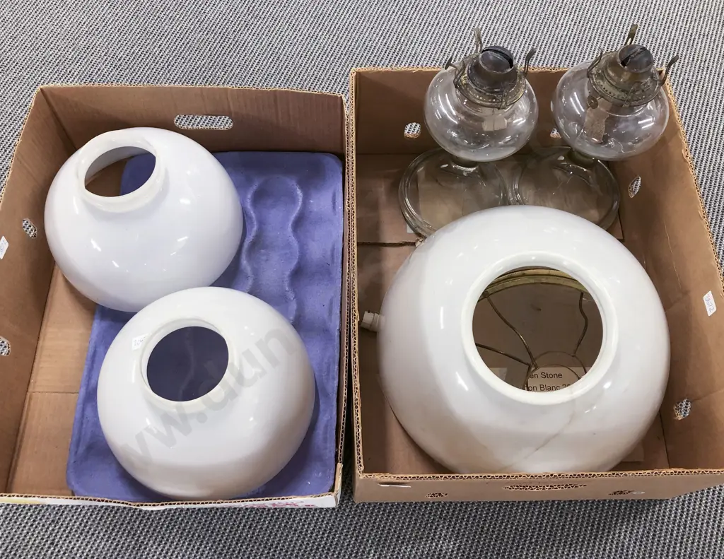 Two Boxes of Assorted Kerosene Lamps and Shades etc Image 1++