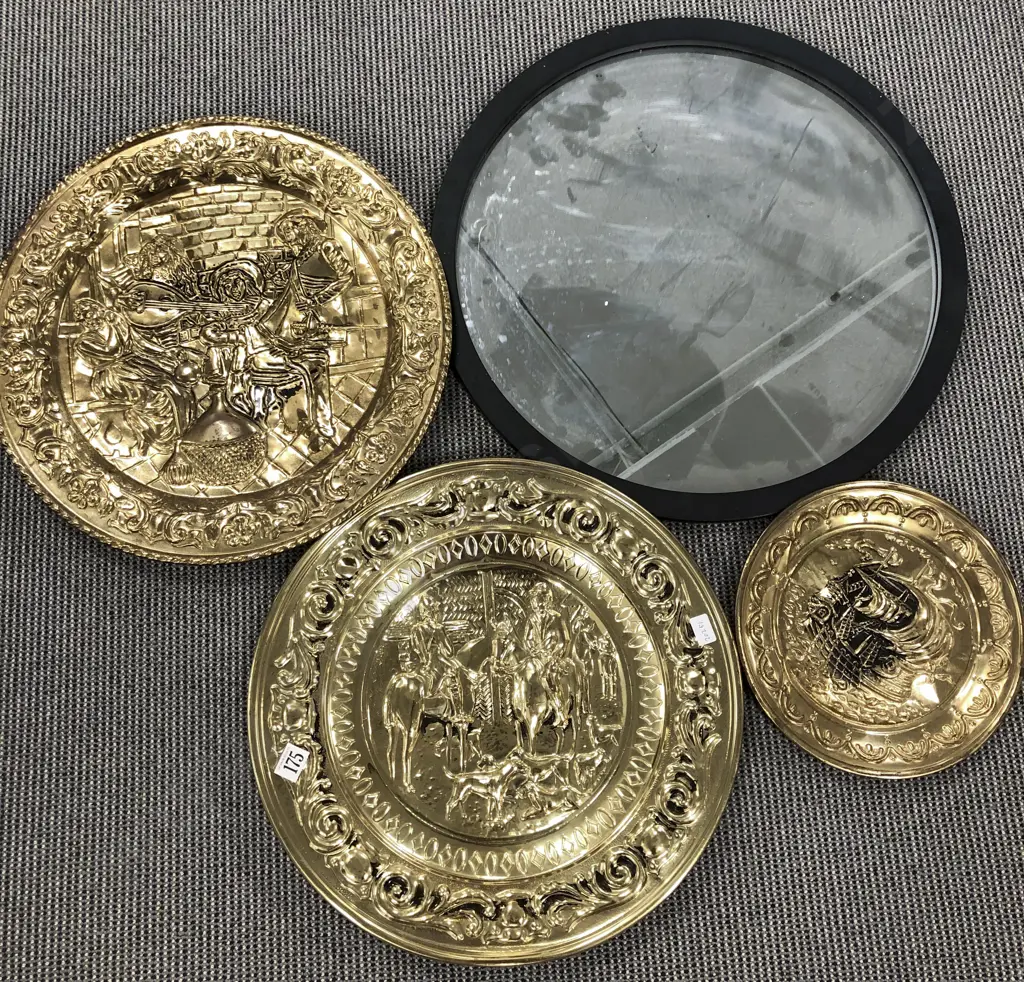 Three Assorted Brass Wall Hangings and Modern Wall Mirror Image 1++
