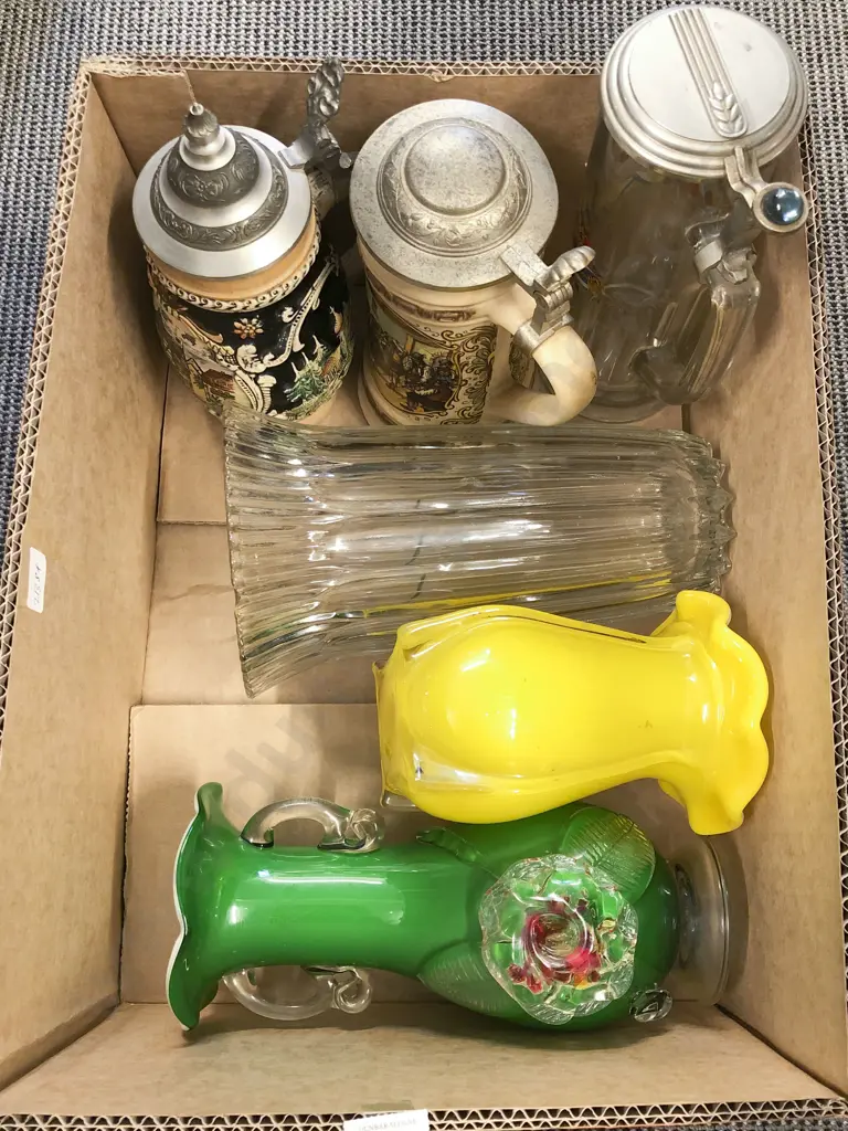 Box of Assorted Art Glass and Beer Steins etc Image 1++