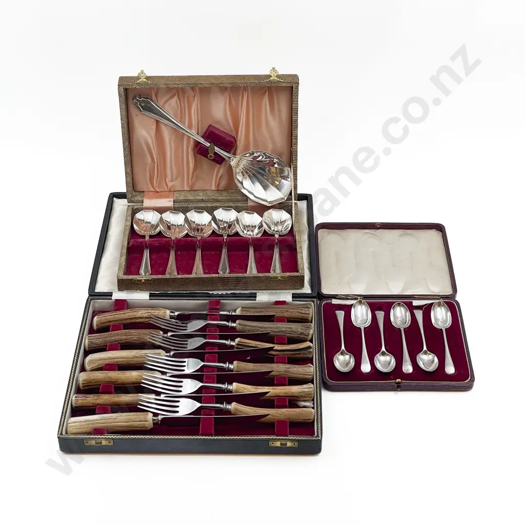 Boxed Horn Handled Cutlery Set with Two Other Boxed Cutlery Sets Image 1++