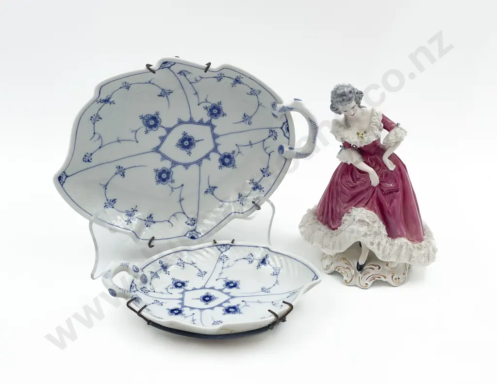 Graduated Pair of B&G Leaf Form Dishes together with Staffordshire Lace Figure (faults) Image 1++