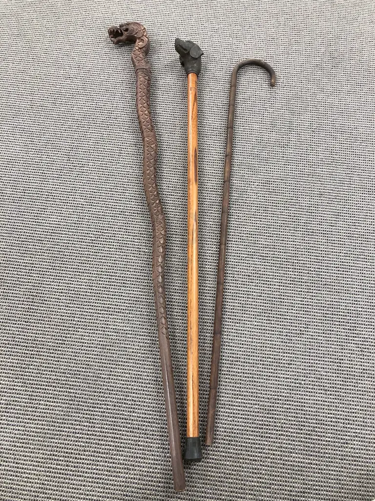 Three Assorted Walking Sticks together with Folding Picnic Chair Image 1++