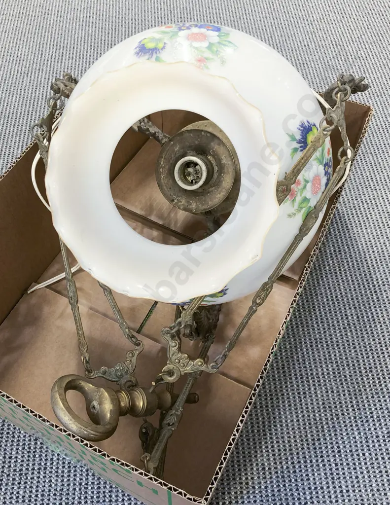 Hanging Kerosene Lamp with Painted Glass Shade Image 1++