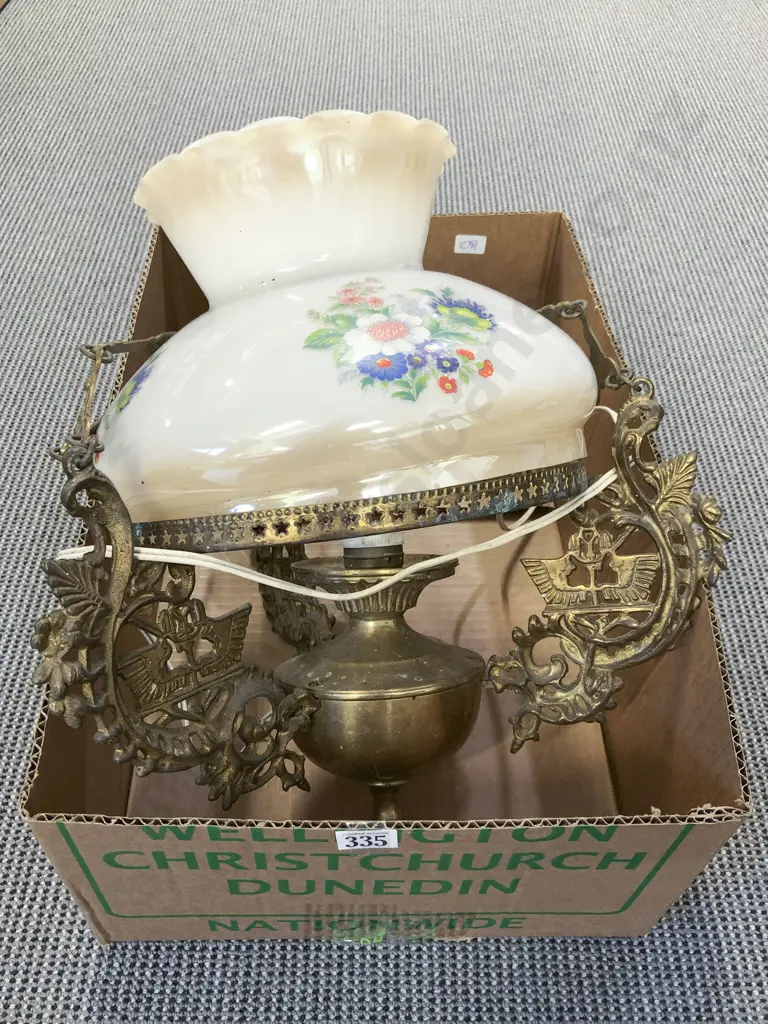 Hanging Kerosene Lamp with Painted Glass Shade Image 1++