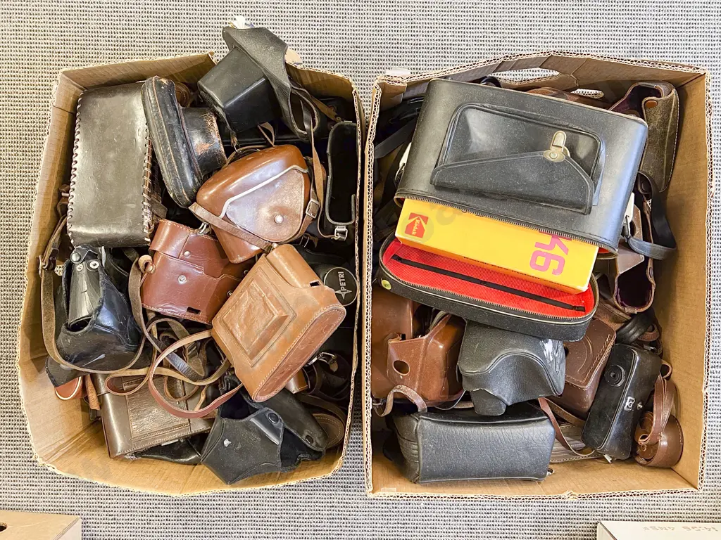 Two Boxes of Assorted Vintage Camera Cases etc Image 1++