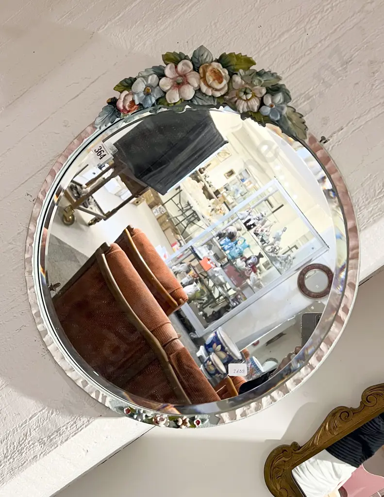 Circular Bevel Edged wall Mirror with Carved Floral Frame Image 1++