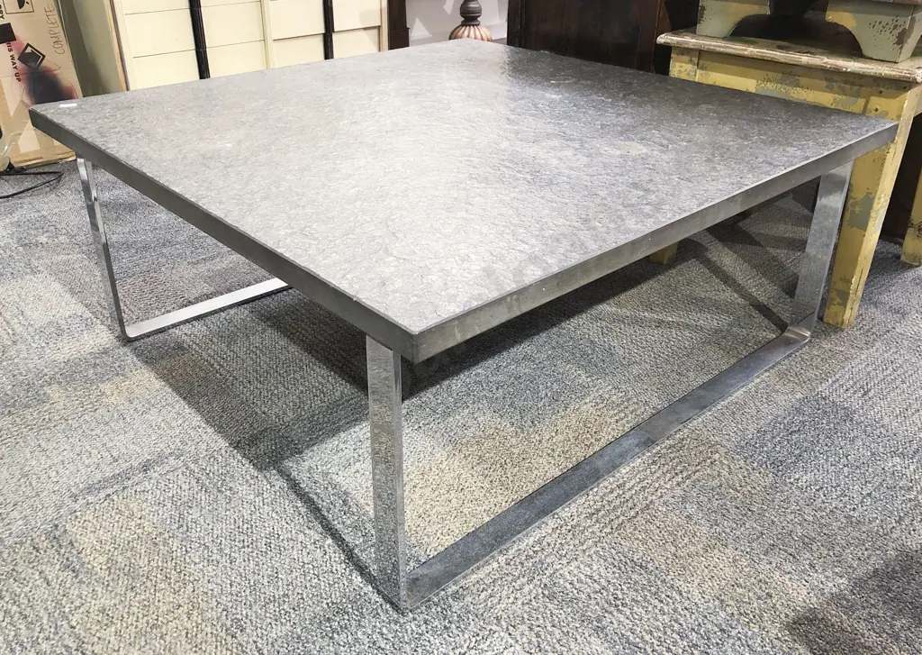 Two Fossilised Slate Topped Coffee Tables on chrome bases Image 1++