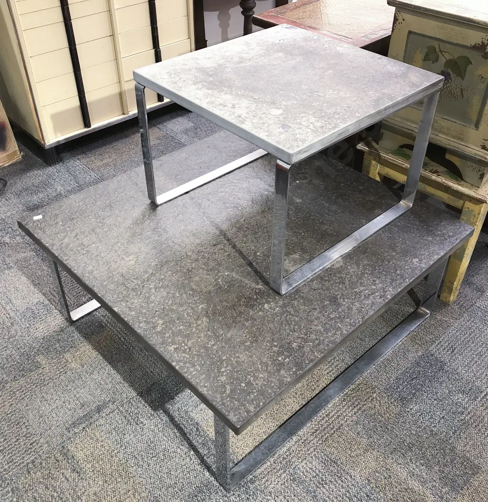 Two Fossilised Slate Topped Coffee Tables on chrome bases Image 1++