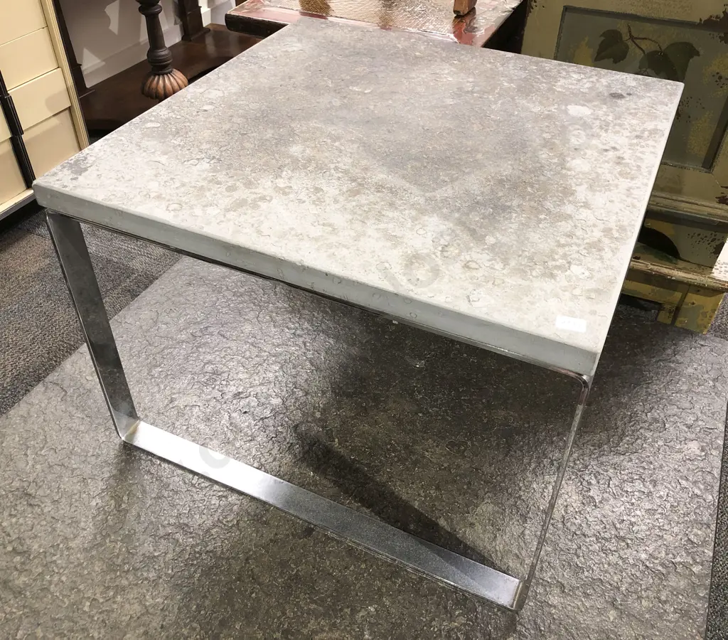 Two Fossilised Slate Topped Coffee Tables on chrome bases Image 1++