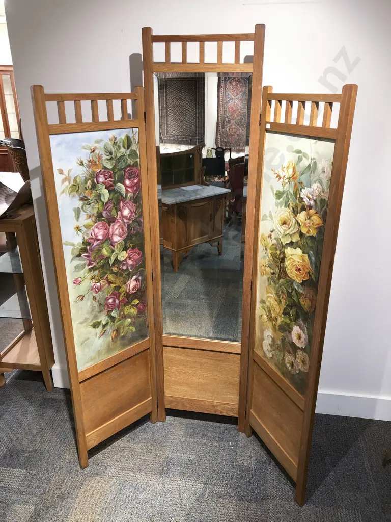 C1920's Oak Folding Screen with Mirrored and Rose Painted Canvas Panels. Made in Seatoun by Elizabeth Mary Redwood Image 1++