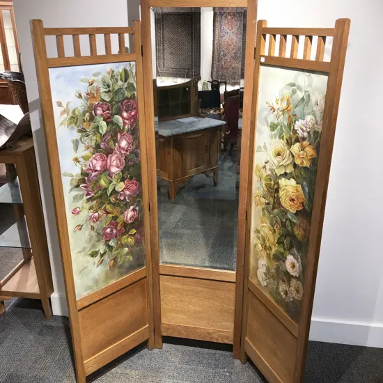 C1920's Oak Folding Screen with Mirrored and Rose Painted Canvas Panels. Made in Seatoun by Elizabeth Mary Redwood